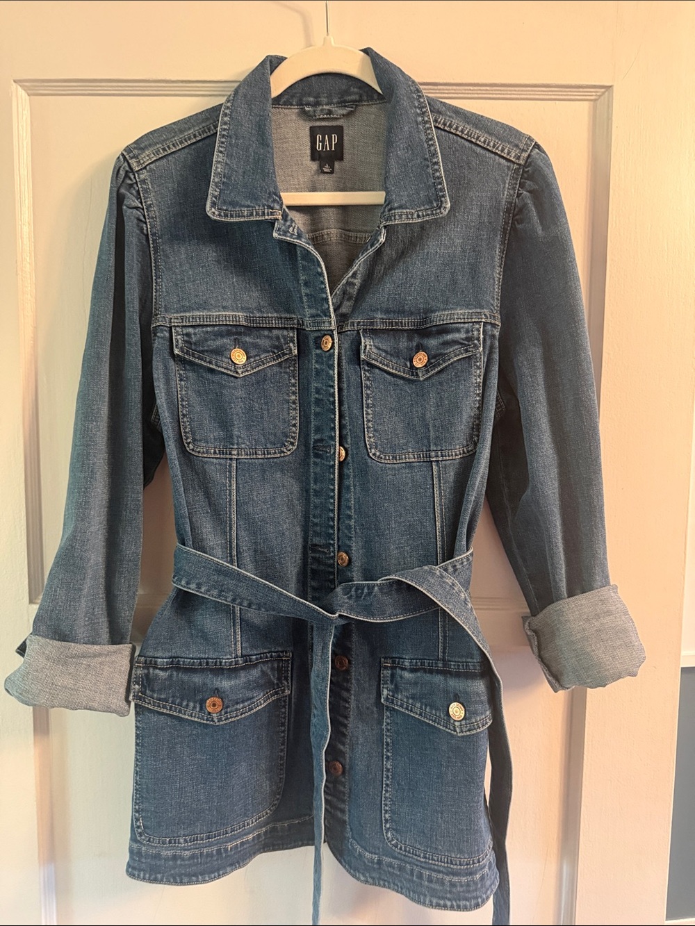 Gap belted puff sleeve belted denim jacket